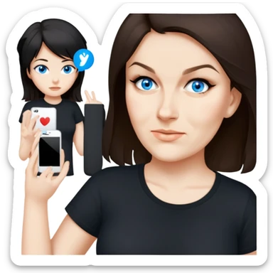 female, wearing black tshirt,  black hair sticker