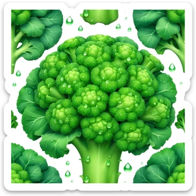Cinematic lush green broccoli, detailed florets glistening with dewdrops, ultra-fresh and vibrant, soft glowing background, healthy and delicious. sticker