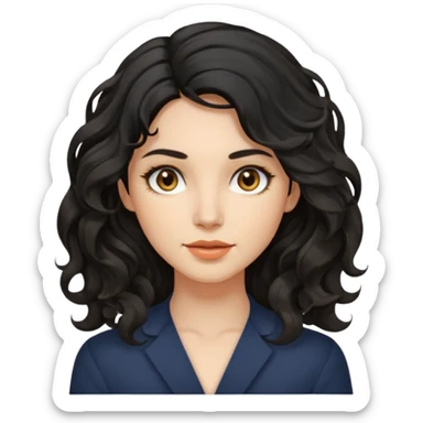 this avatar of 30th year-woman has shoulder-length black wavy hair with loose curls framing the face, and a long, pointed face with golden-brown eyes and a calm, neutral expression. sticker