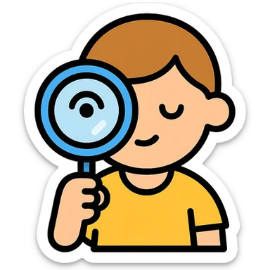 a child holding a magnifying glass up to their eye, color outline icon style sticker