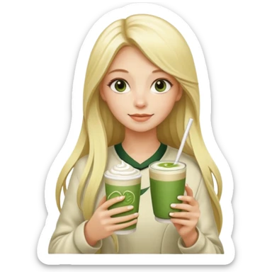 blonde luxury long hair girl with 1 matcha latte and 2 straws sticker