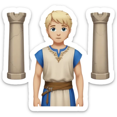 medieval summer outfit worn by a DnD themed fantasy character. basic lightweight sleeveless tunic with a decorative trim along the edges. clothes only above the waist. The clothes full waist. The character's haven't arms. character is blonde hair, blue eyes, short messy hair, white-skinned man. sticker