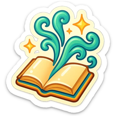 An open book with magical effects and glowing swirls coming out, strong contours, visible shadows, and shiny highlights for a vibrant retro sticker appearance sticker