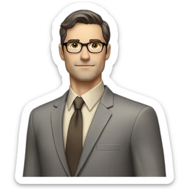 Full height Pale skinned Fit Man With dark brown hair in classic gray suit, beige office shirt, dark gray tie, and vintage glasses. His hands lock sticker