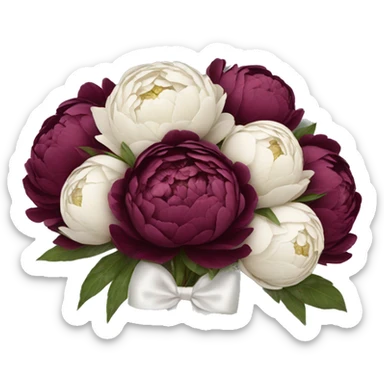 Big bouquet of burgundy peonies with a white satin ribbon sticker