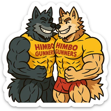 two super buff wolf furries with matching 'Himbo gunners' t-shirts, hugging, happy and confident, exaggerated muscle definition, detailed fur and anatomy, high quality sticker