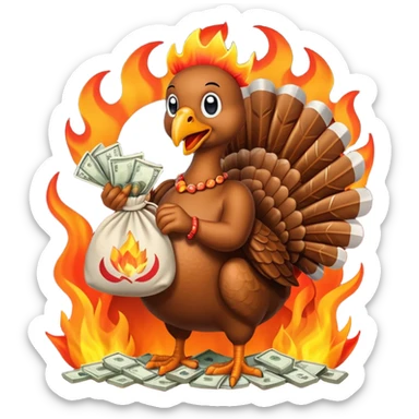 Can you create a turkey warming up a bag of money by a fire sticker