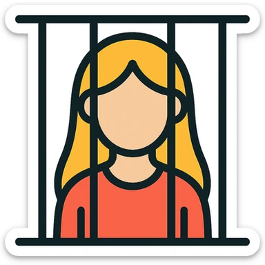 golden girl with long hair stuck behind jail bars, color outline icon sticker