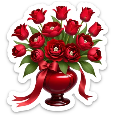 "A luxurious bouquet featuring deep red roses, vibrant red tulips, lush red peonies, and delicate red pansies, all tied together with elegant pearl-colored silk ribbons, arranged in a stunning crimson glass vase, set against a softly lit background."
 sticker