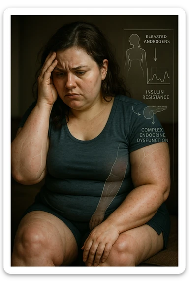 cinematic realistic Woman with PCOS struggling with hormonal chaos, transparent overlay showing elevated androgens and insulin resistance affecting her body, lipedema causing disproportionate fat accumulation in legs and arms despite normal torso, expression of frustration with unexplained weight gain, medical charts showing complex endocrine dysfunction, painful swollen limbs contrasting with metabolic confusion scrivi i testi in italiano sticker