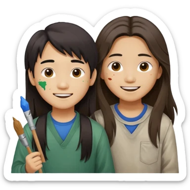 Happy Asian boy with long hair and girl messy painters sticker
