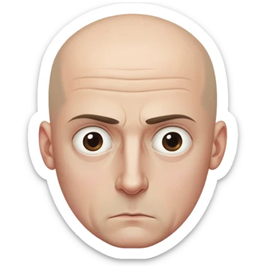 Steven Miller, bald, intense scowl, very narrow rectangular head, bottom lip sticking out, eyelids nearly shut and drooping on the outer sides sticker