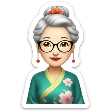 Chinese seniors lady wear Chinese traditional dress wear glasses show appreciation sign sticker