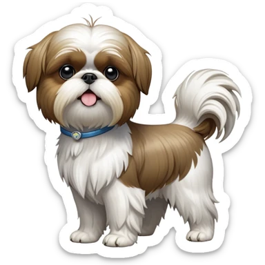 cinematic-[Shish tzu]-realistic-full-body-standing-emoji,-tail-resting-loosely-beside-its-paws,-head-tilted-dramatically, -scruffy-[white]-fur,-simplified-yet-realistic-focused-features,-highly-detailed,-glowing-with-an-almost-sarcastic-glow sticker
