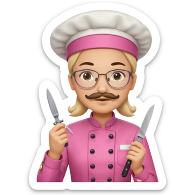 female italian chef, pink uniform, with mustace, wearing glasses, holding knife sticker