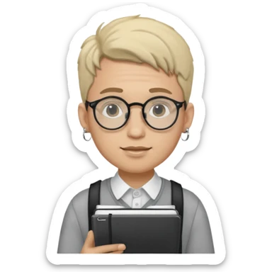 A man in his 20s wearing an apnotebook, wearing radio earrings, round glasses, achromatic clothes sticker