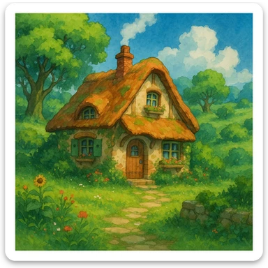 a cozy cottage in a magical landscape with lush greenery in Ghibli style sticker