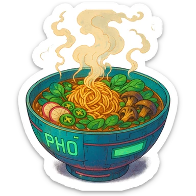 cyberpunk futuristic, scifi, a bowl of delicious VEGAN pho, ramen, piping hot sticker