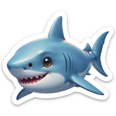 Cinematic Cute Shark Portrait Emoji, Head tilted playfully and inquisitively, featuring a glossy, streamlined body with a subtle shimmering hue and round, sparkling eyes filled with curious charm, Simplified yet irresistibly adorable features, highly detailed, glowing with a warm, friendly glow, high shine, affectionate and sleek, stylized with a touch of marine whimsy, bright and endearing, soft glowing outline, capturing the essence of a mischievous yet loving shark, so playful it feels like it could swim out of the screen into your arms! sticker