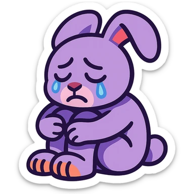 lilac bunny hugging knees while crying, soft emotional expression, vibrant toon style sticker