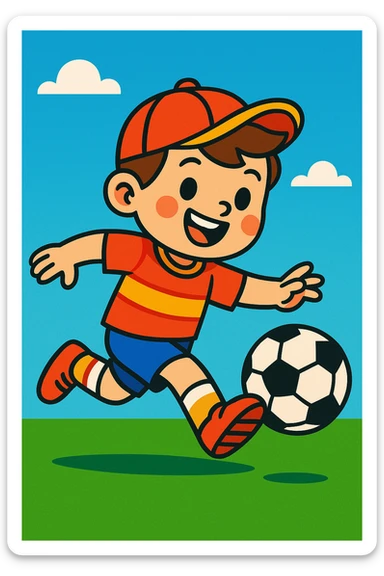 boy playing football, vibrant cartoon style sticker