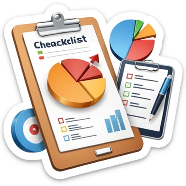 An icon featuring a pie chart, a clipboard with a checklist, and a megaphone, symbolizing management and marketing. The design includes upward-trending graphs and a target with an arrow, representing strategy and success. Transparent background highlights business organization and promotion. sticker
