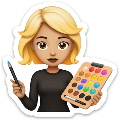 blackCreate an emoji representing a passionate graphic designer. The emoji should feature a creative expression, possibly holding a stylus or a color palette. Include design-related elements like a glowing screen, vector tools, or artistic splashes of color. The style should be modern, vibrant, and sleek, maintaining the clarity and simplicity of standard emoji designs. Ensure it conveys creativity, focus, and artistic flair. sticker