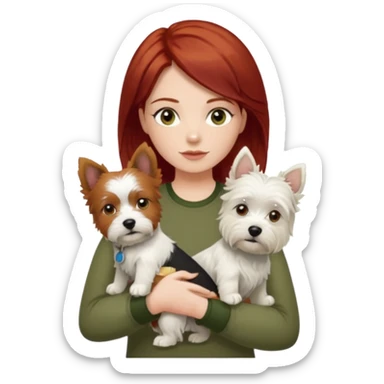 Westhighland white terrier dog being held by woman with dark shoulder length red hair and hazel eye wearing olive green top sticker