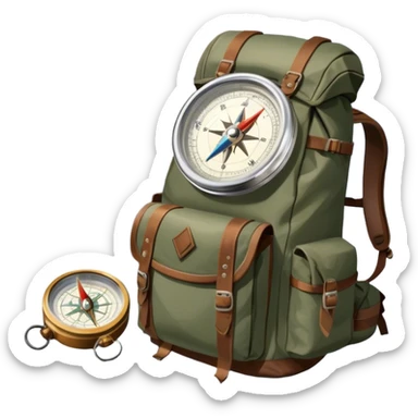 Icon for Expeditions: a compass, a map, and a backpack with trekking gear, placed on a rugged mountain terrain with snow-capped peaks. The icon should evoke the spirit of adventure and discovery in remote, unexplored places. Transparent background. sticker