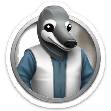 An anteater in a welder's suit stands behind a lathe sticker