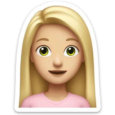 A girl with long blonde hair, with green eyes, and wearing a light pink shirt sticker