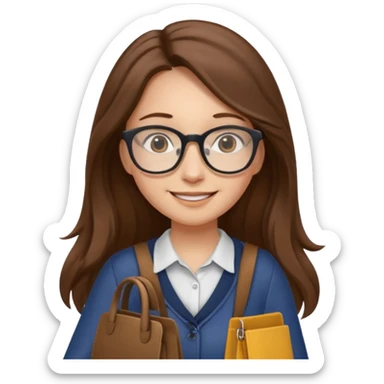 brown long hair woman, going to university wearing a glass, looks pretty no backpack just cure bag  sticker