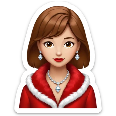 * Character: A stylish lady,brown hair
* ﻿﻿Clothing: A luxurious red fur coat
* ﻿﻿Accessories: A dazzling diamond necklace
* ﻿﻿Expression: Confident, elegant, maybe slightly glamorous
* ﻿﻿Pose: Head slightly tilted or a poised posture
* ﻿﻿Style: Emoji-like, simple but expressive sticker