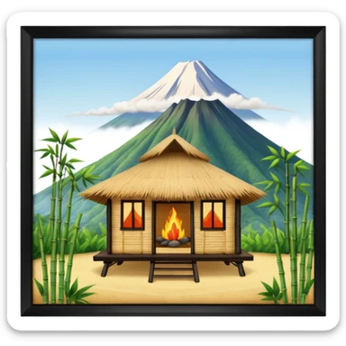 bamboo hut with volcano in the back in Volcano Island  sticker