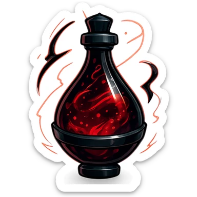 prabangus eliksyro buteliukas, lašo forma, Discord edgy ir cool stilius, tamsiai raudona spalva, juodos ir sidabrinės detalės, daug magiškų efektų, labai mažas kaklelis, vientisas dugnas, skaidrus fonas, buteliukas plūduriuoja ore, be pagrindo ar šešėlio, modernus, kolekcijai tinkamas sticker