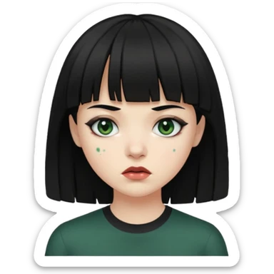 Mulher de franja cabelo preto pele verde bem escuro com a cara machucada com os olhos regalado fundo escuro sticker