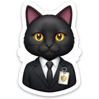 Black cat in a black suit with an ID badge sticker