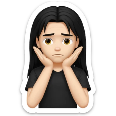 a PRETTY BRATZ boy with black long hair looking sad and covering his face with hands sticker