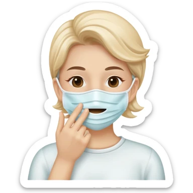 person with a mask, hand near mouth, showing good hygiene, cheerful sticker