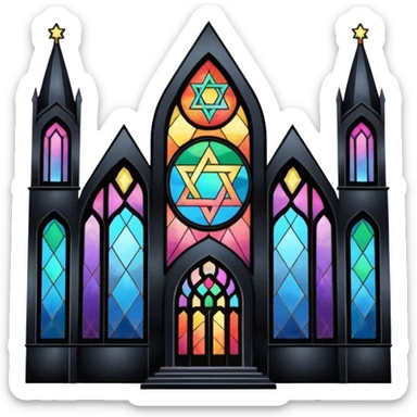 jewish synagogue temple in dark goth aesthetic style with black building and very light tint rainbow stained glass windows. and star of david and celestial symbolism sticker