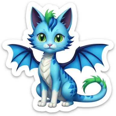 a adorable anthropomorphic-dragon-cat which I look adorable I have black and blue on me I have blue and green wings I have a long cat tail sticker