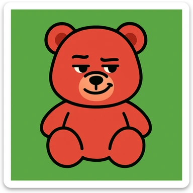 Create a red teddy bear with a smirking expression, simple and clear expression, on a green background. The style should be suitable for editing and versatile for emoji or illustration use. sticker