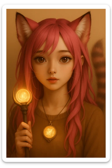 Add a magical accessory such as a glowing staff or enchanted pendant to the catgirl, keeping the realistic anime style and pink hair. sticker