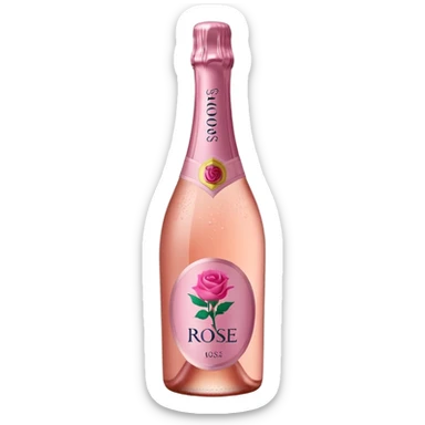 bottle of sparkling rosé with a rose logo on the label, tilted up and to the left, no glass sticker
