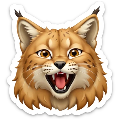Cinematic-Cute-Yawning-Lynx-Portrait-Emoji – Head tilted slightly with a dramatic, wide-open yawn, revealing a dense golden-brown fur coat with subtle spots, signature black ear tufts standing tall, round amber eyes barely open in drowsy contentment. sticker