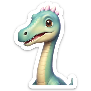 Cinematic Cute Brachiosaurus Portrait Emoji, Head tilted playfully with a warm, endearing smile, featuring a diminutive, almost whimsical head atop an impressively long neck and a sturdy, gentle body, adorned in soft, pastel earthy hues, Simplified yet irresistibly adorable features, highly detailed, glowing with a tender, inviting glow, high shine, affectionate and lively, stylized with a touch of prehistoric whimsy, soft glowing outline, capturing the essence of a playful Brachiosaurus that seems as if it could amble out of the screen into your arms! sticker