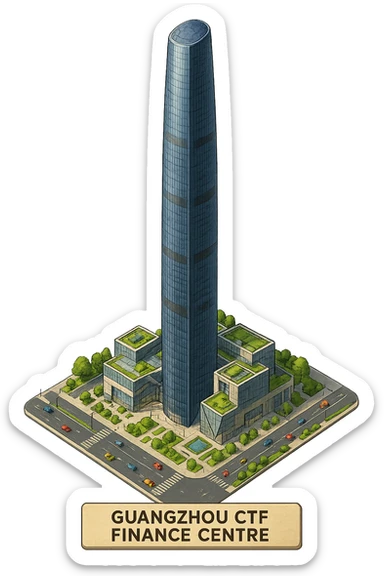 Изометричная, яркая, детализированная, объемная и фотореалистичная иллюстрация башни Guangzhou CTF Finance Centre. В стиле 3D-коллажей городов, насыщенные цвета, аккуратные и чёткие линии, мультяшно-реалистичная стилистика. Чёткие контуры, не размазанные линии, высокое качество, прозрачный фон, не обрезать края картинки sticker