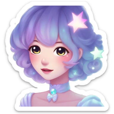 Gorgeous pastel anime style lady blushing nebula-gradient-sparkle face dreamy idol model colorful shiny stars galaxy kawaii cottagecore pearly petite simplistic aesthetic trending style sticker