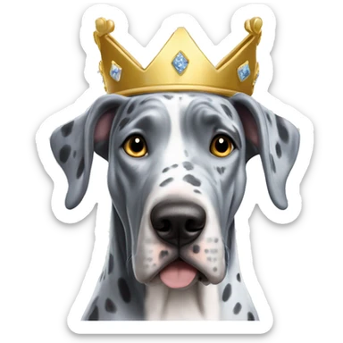 Blue Merle Great dane wearing gold princess crown sticker