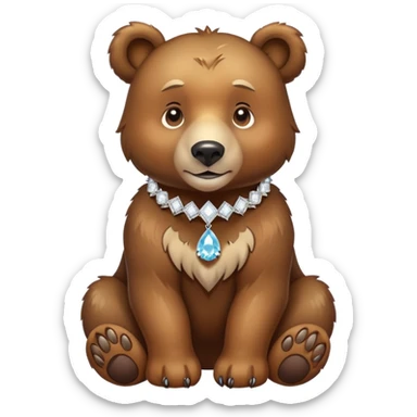Brown bear on four legs with an elegant diamond collar that sparkles around its neck, gemstone collar, detailed jewelry sticker
